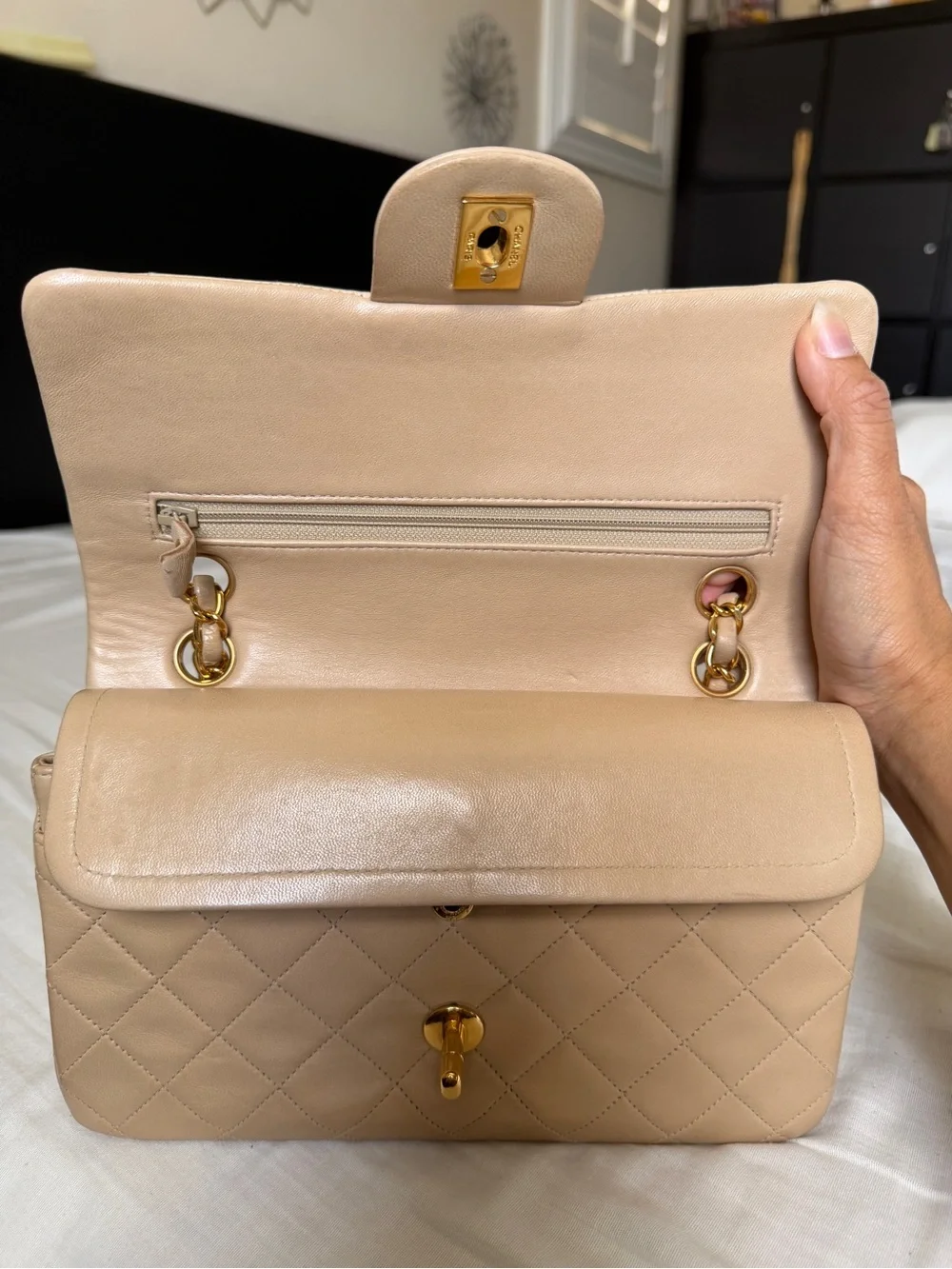 VIntage CHANEL Quilted Double Flap Shoulder Bag in Beige with Gold Hardware